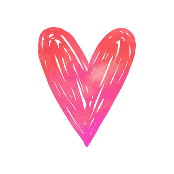 Pink and Red Hand Drawn Heart with Watercolor Texture and Scribbled Strokes Isolated on White