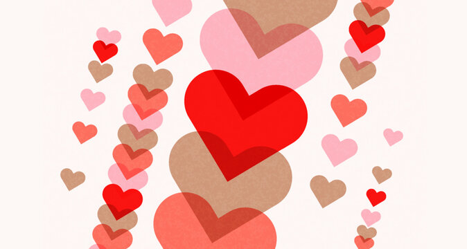 Valentine's Day Background with Vertical Chains of Overlapping Red, Pink and Beige Textured Hearts