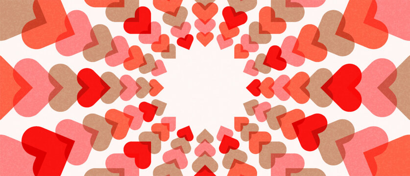 Radial Valentine's Day Background with Overlapping Textured Red, Pink and Beige Hearts and Central Copy Space
