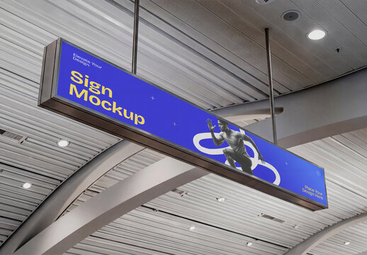 Indoor Hanging Sign Mockup with Blue Advertising Display