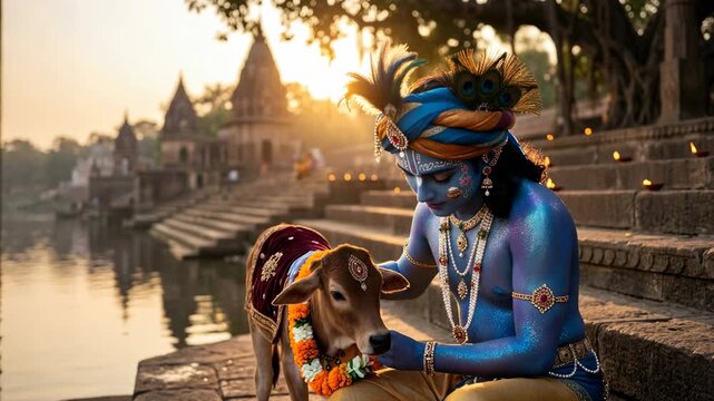 Divine Govinda calf: adorn animal, sacred Gopala, tender hug, Shyam devotion, river ghat, temple sunset, peaceful Madhava, flower garland, golden twilight, spiritual beauty.
