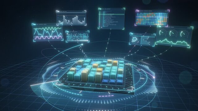 3D system diagnostics output holographic processor core scan with waveform terminal log heatmap and gauge panels loop