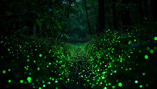 Green firefly forest path night long exposure nature background