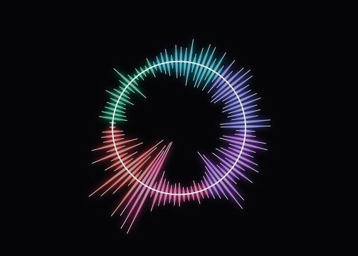 Neon rainbow glowing audio spectrum circular waves horizontal layout