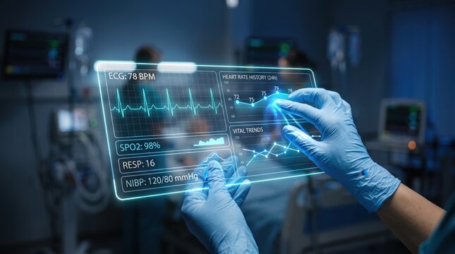 Close-up of medical professional hands wearing blue gloves interacting with a futuristic transparent holographic display showing patient vital signs ECG heart rate history and