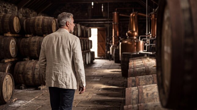 Senior Cellar Master Walking Through Whisky Distillery Warehouse