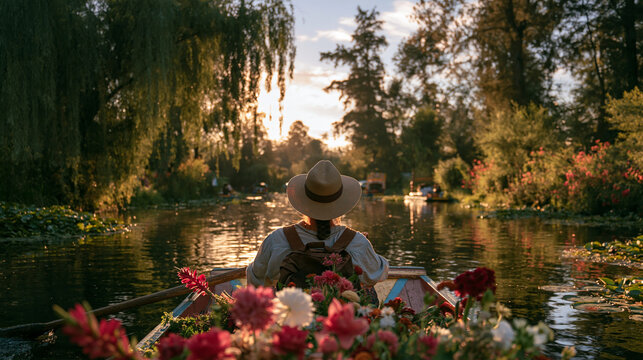 Woman in Flower Boat Rowing along Scenic Canal at Sunset