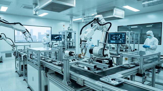 Automated Robotic Arms Working in High Tech Cleanroom Factory