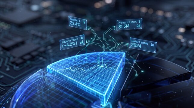 Digital Holographic Pie Chart Showing Financial Data Analytics