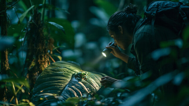 Biologist with Flashlight Examining Frog in Rainforest at Night