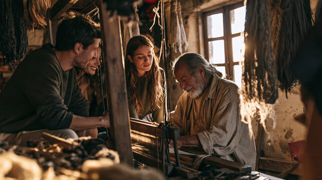 Elderly Artisan Demonstrating Traditional Weaving to Young Tourists