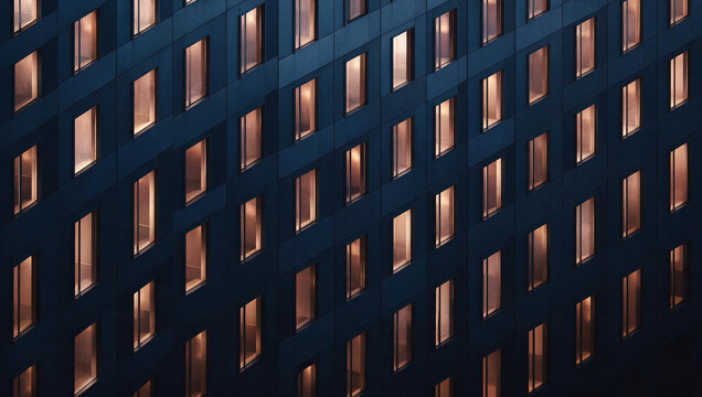 Modern Building Facade with Illuminated Windows at Night