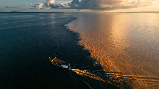 Meeting of Waters Confluence in Amazon River at Sunset