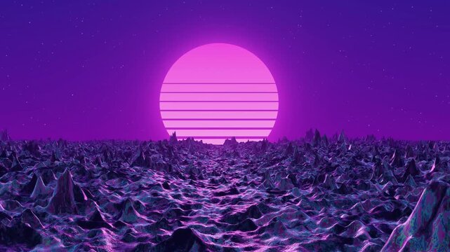 Synthwave Holographic Terrain Flyover Toward Striped Retro Sun, Purple 80s Retrowave Background Animation