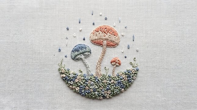 Stippling dot art mushrooms in a circular forest patch