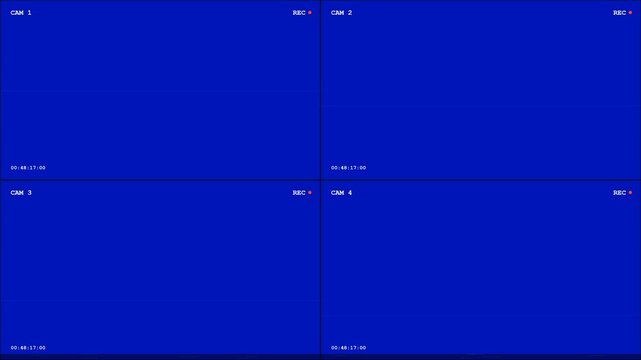 Surveillance Multi Camera Split Screen Grid with Timestamp and Recording Sign on Blue Screen