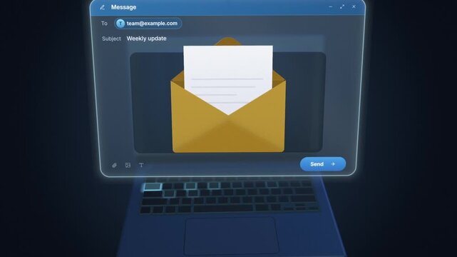 Email compose window rises from laptop as glowing keys type a message, envelope seals with sent checkmark