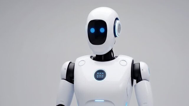 White humanoid robot with glowing cyan digital eyes and illuminated ear modules raising its head toward the viewer against a seamless white studio backdrop, advanced AI concept, copy space