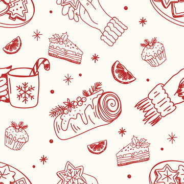 Handdrawn Christmas baking seamless pattern with yule log cake and festive sweets