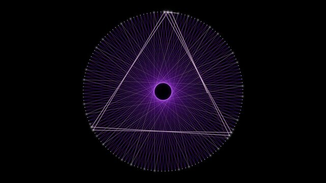 String art mandala woven by a glowing thread around a ring of pins, layering purple to green rings on black