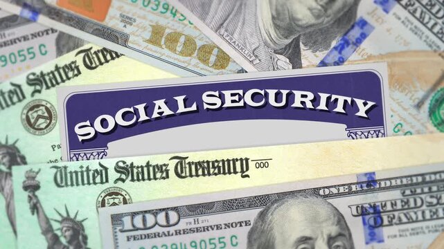 Social security benefits card with US treasury checks and 100 dollar bills. Social security benefits payment, retirement, federal government benefits, insurance, pension, welfare concept. 4k footage