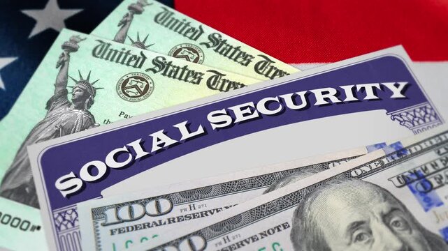 Social security benefits card, US treasury check, 100 dollar bill with American flag in the background. Closeup for Social security benefits payment, retirement, federal government benefits.4k footage