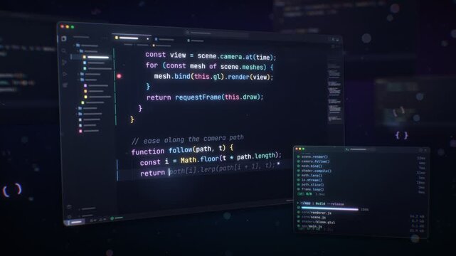 3D Dark Theme Code Editor Typing Animation Floating Glass Panels Live Terminal Bokeh Particles Seamless 15s Loop 4K