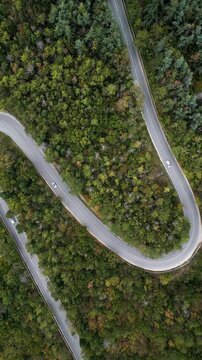 Aerial top view of winding hairpin road through autumn forest with moving car