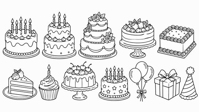 Collezione di torte di compleanno e decorazioni festive. Generative AI 