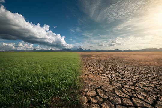 Climate change concept showing contrast between lush green grassland and dry cracked desert soil