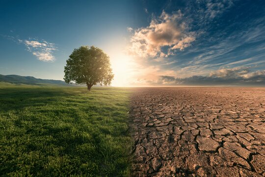 Climate change concept showing contrast between lush green grassland and dry cracked desert soil