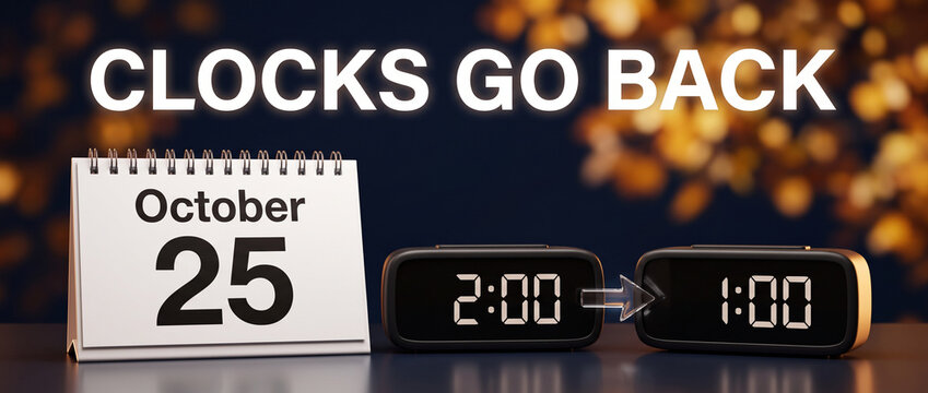 Clocks go back 2026 banner, British Summer Time ends on 25 October with digital clocks changing from 2:00 to 1:00 and desk calendar