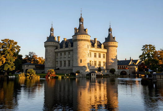Historic castle architecture and travel destination, medieval stone fortress with towers reflecting in a calm lake during golden hour sunset light