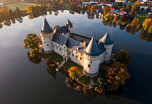 Medieval castle architecture and heritage tourism, historic fortress on island in lake during autumn season with golden foliage and water reflection