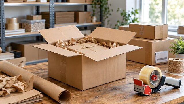 Open cardboard shipping box with wrapped parcel kraft paper cushioning and tape dispenser on wooden table symbolizing ecommerce order fulfillment and eco packaging
