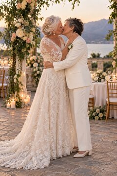 Two senior lesbian brides embrace and kiss at their outdoor lakeside wedding, wearing an ivory lace bridal gown and a white suit among flowers and candles at sunset, celebrating marriage equality.