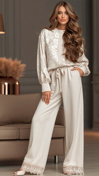 Woman wearing cream floral jacquard luxury loungewear set with drawstring wide leg pants and lace trim hem in modern living room.