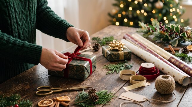 Hands Wrapping Christmas Gifts with Festive Decorations