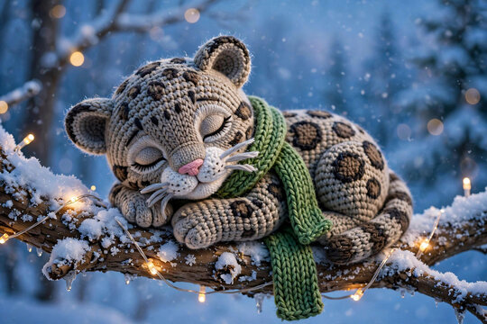 Crochet clouded leopard cub in a scarf napping on a snowy branch with fairy lights