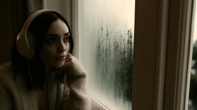 Young woman listening to music with headphones by a winter window