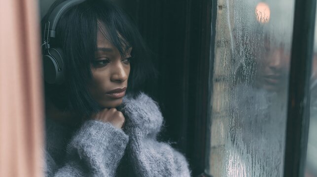 Young woman listening to music with headphones by a winter window
