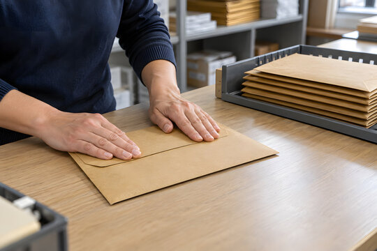 Hands pressing the flap of a kraft paper envelope