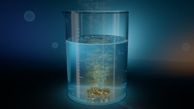 Bubbles rising in a glass laboratory beaker during chemical reaction seamless loop 4k