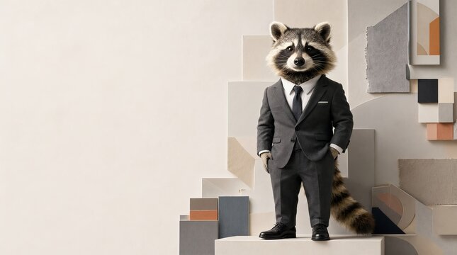 Professional portrait of an anthropomorphic raccoon wearing a charcoal suit in a creative studio.