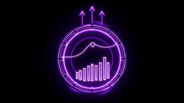Neon graph ascends within a circular frame with upward arrows