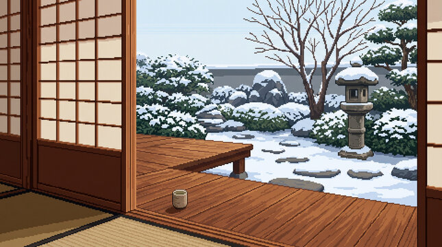 Pixel art view of snowy Japanese garden from traditional veranda engawa