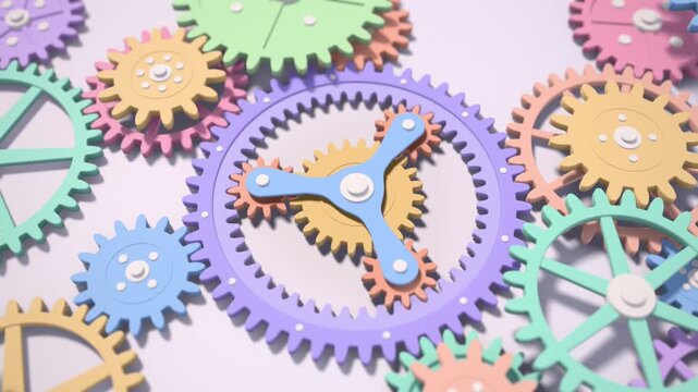 Pastel 3D gears and cogs turning together seamlessly in mechanical harmony