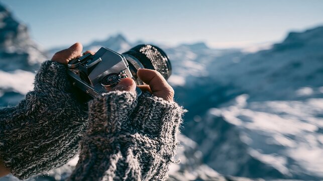 Person taking a photo of a snowy landscape with a vintage camera