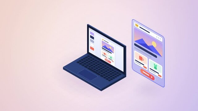 Email marketing campaign, isometric laptop builds a newsletter that folds into an envelope, then stats rise