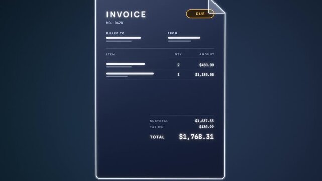 Digital invoice draws itself as line items and total count up, then Pay Now triggers a glowing paid stamp